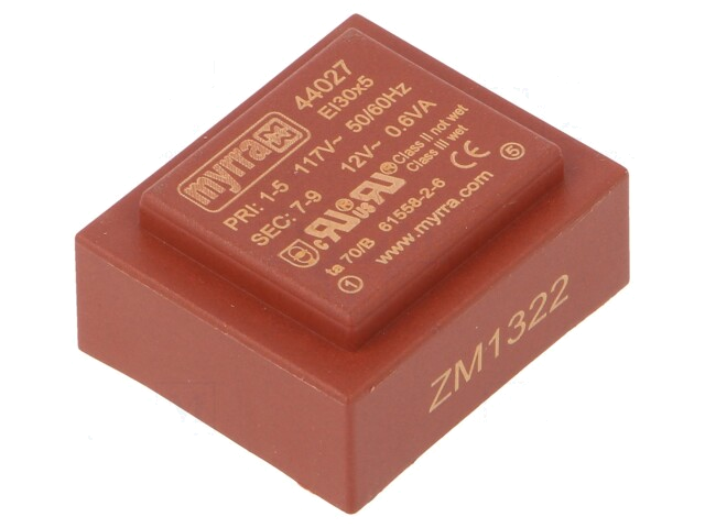 Transformator: ingegoten; 0,6VA; 117VAC; 12V; 50mA; PCB Transformator: ingegoten; 0,6VA; 117VAC; 12V; 50mA; PCB